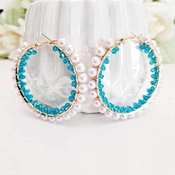 💖2/$30 Gold tone boho hoop pearl blue turquoise beaded coquette chunky earrings - Picture 16 of 17